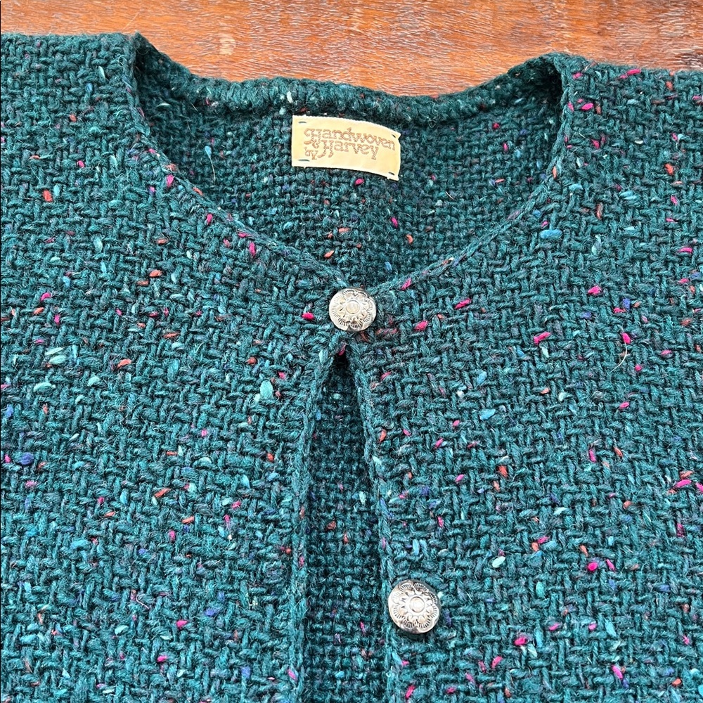 HANDWOVEN BY HARVY Artisan Buttoned Cardigan Dark Teal Multi Confetti Speck OS